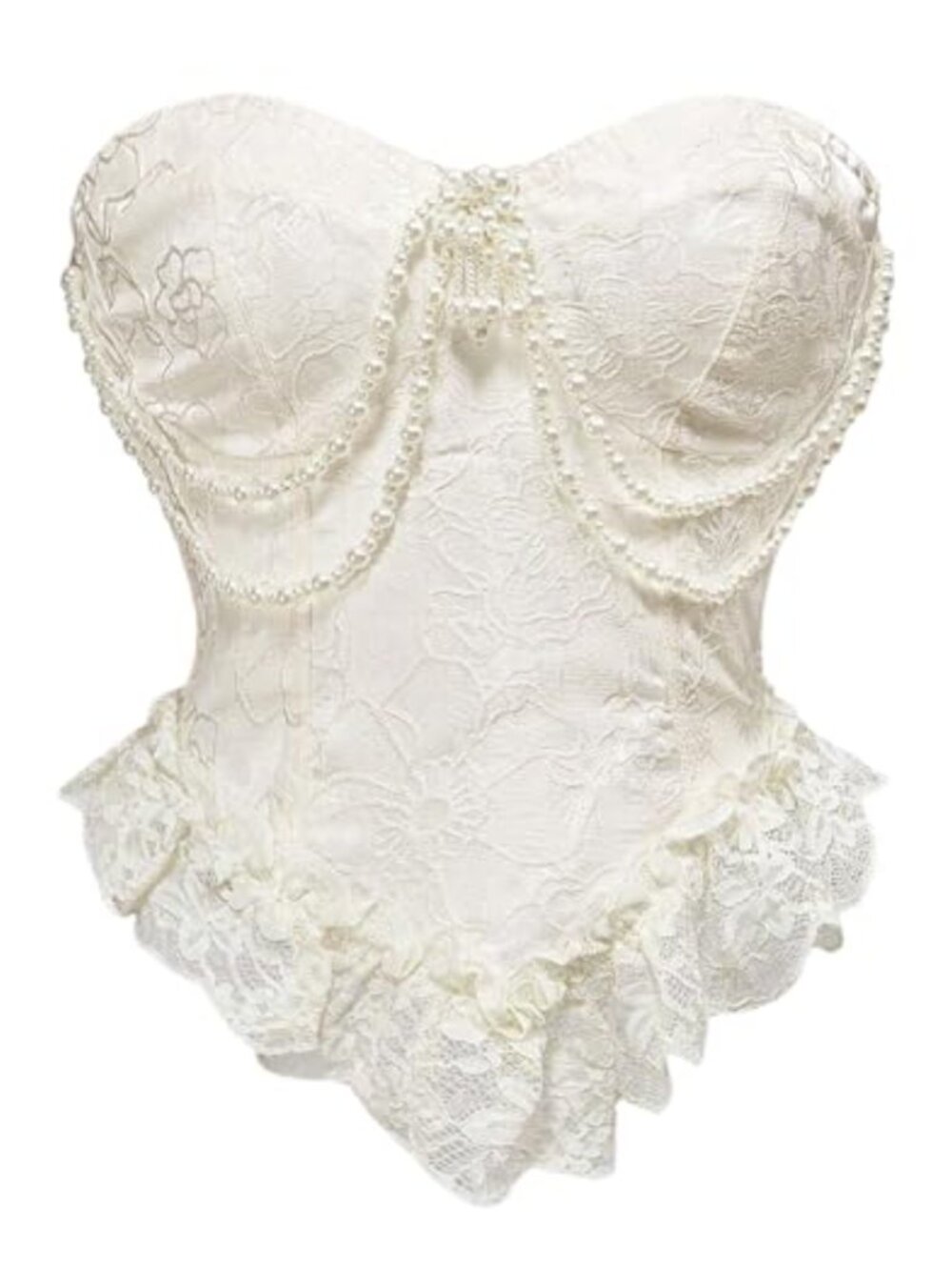 Strapless Corset Bustier Top with Faux Pearl Chain Lace Trim